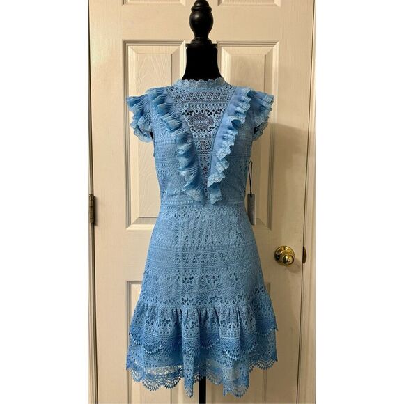 NWT Saylor Zazie Dusk Blue Lace Ruffle Meager Sleeves Lined Mini Dress Size XS - Picture 4 of 12